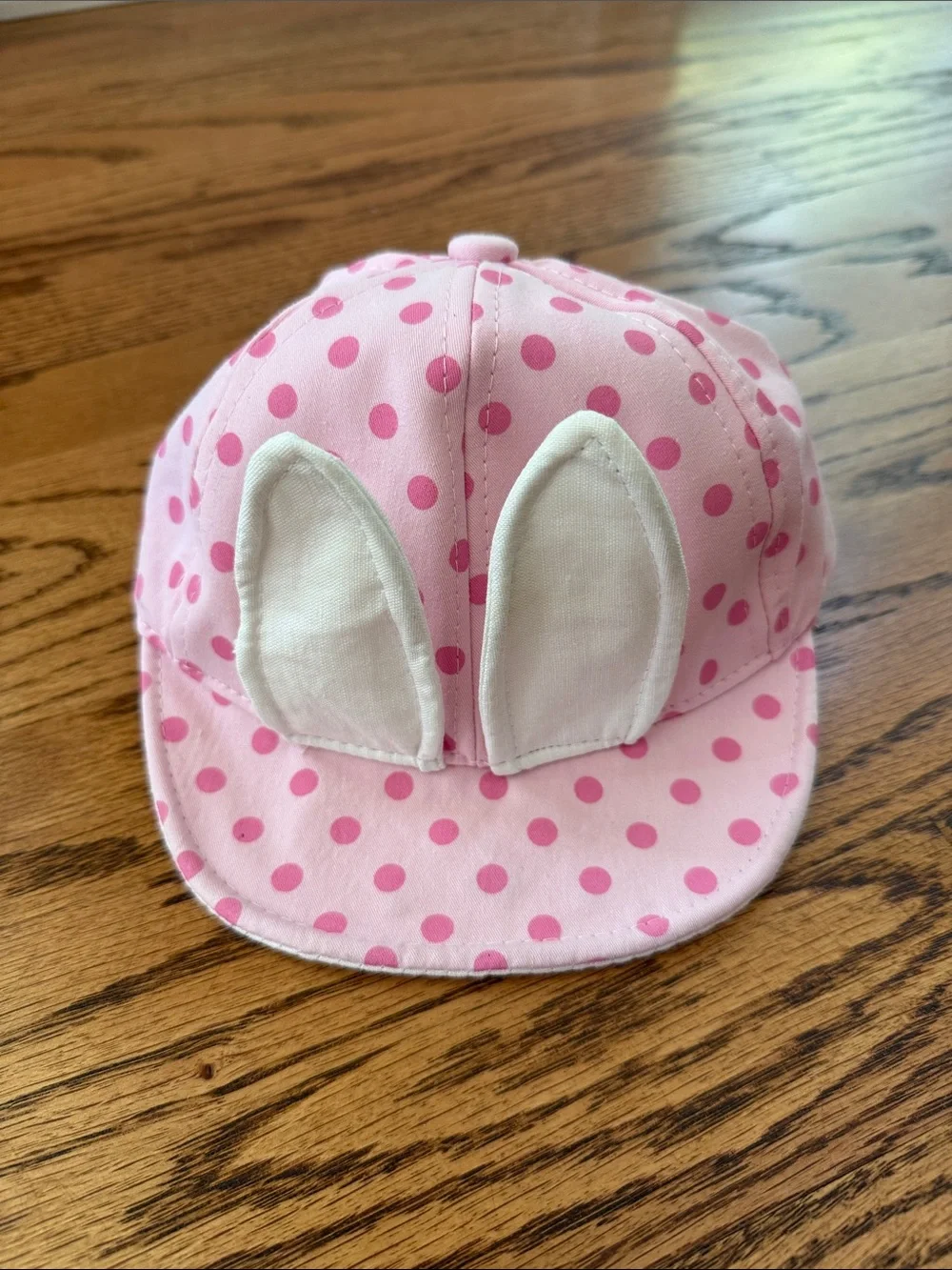 Baby Pink Polka Dot Cap with White Bunny Ears, 6-24M